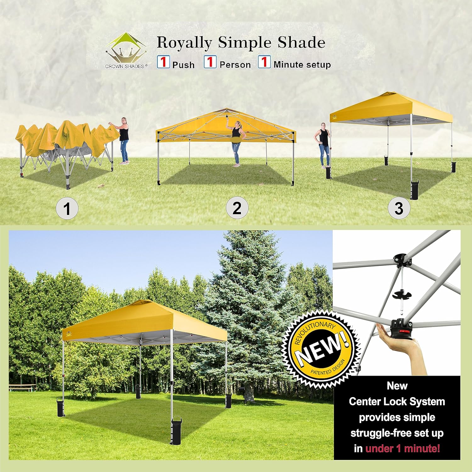 CROWN SHADES 10x10 Pop Up Canopy - Beach Tent with One Push Setup - Easy Outdoor Sun Shade for Events, Parties, Camping - Gazebo with STO-N-Go Cover Bag, Silver Coated Top, Black