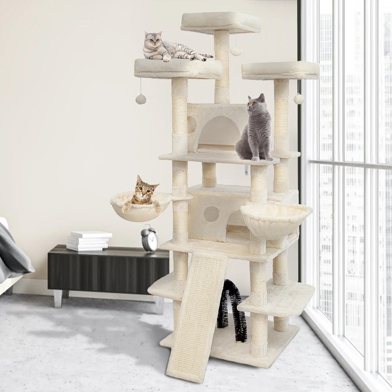 68 Inches Big Multi-Level Cat Tree - Tall Multi-Cats Tower with 2 Big Cat Condo & Cat Hair Brush, 3 Plush Perches & Scratching Posts - Smokey Grey - For Multiple Cats - Encourages Play & Exercise - Perfect Gift for Cat Lovers