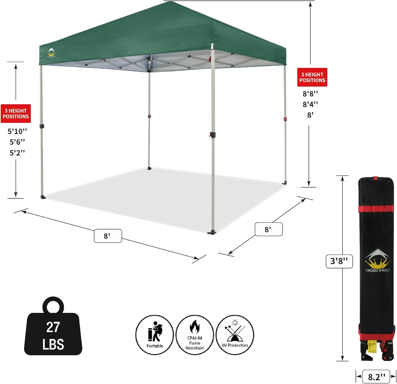 CROWN SHADES 10x10 Pop Up Canopy - Beach Tent with One Push Setup - Easy Outdoor Sun Shade for Events, Parties, Camping - Gazebo with STO-N-Go Cover Bag, Silver Coated Top, Black