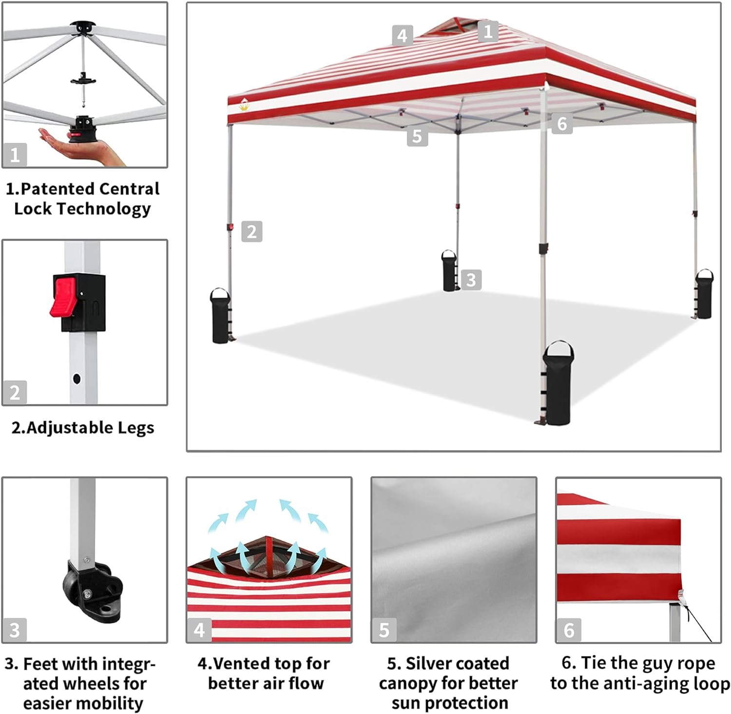CROWN SHADES 10x10 Pop Up Canopy - Beach Tent with One Push Setup - Easy Outdoor Sun Shade for Events, Parties, Camping - Gazebo with STO-N-Go Cover Bag, Silver Coated Top, Black