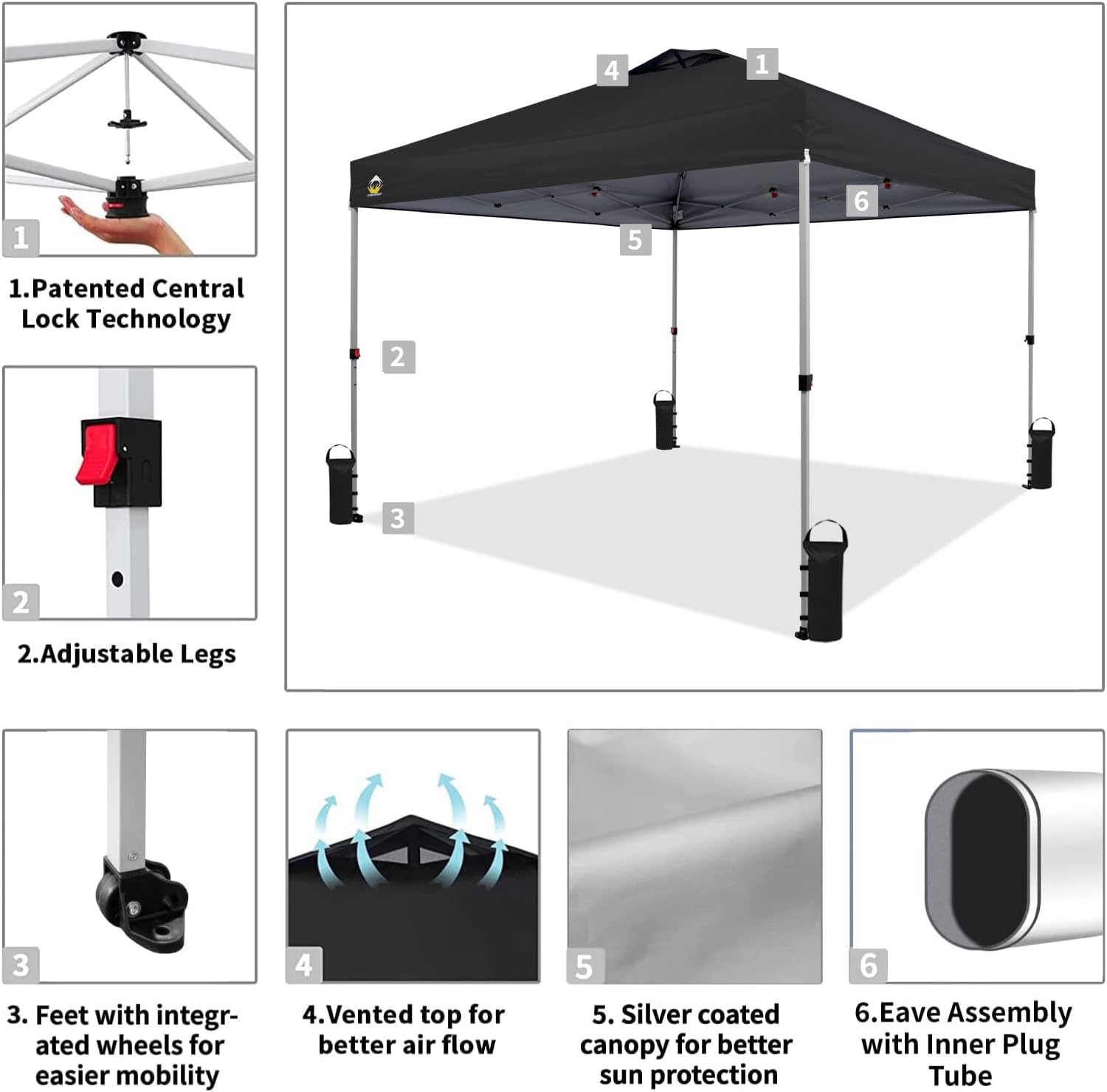 CROWN SHADES 10x10 Pop Up Canopy - Beach Tent with One Push Setup - Easy Outdoor Sun Shade for Events, Parties, Camping - Gazebo with STO-N-Go Cover Bag, Silver Coated Top, Black