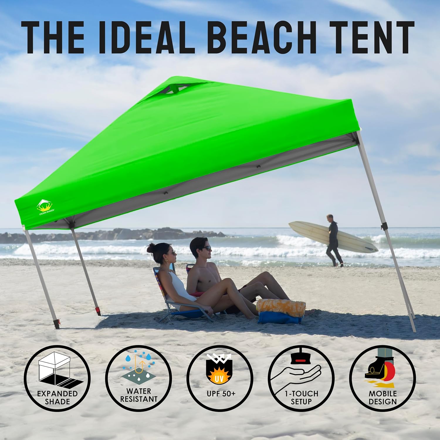 CROWN SHADES 10x10 Pop Up Canopy - Beach Tent with One Push Setup - Easy Outdoor Sun Shade for Events, Parties, Camping - Gazebo with STO-N-Go Cover Bag, Silver Coated Top, Black