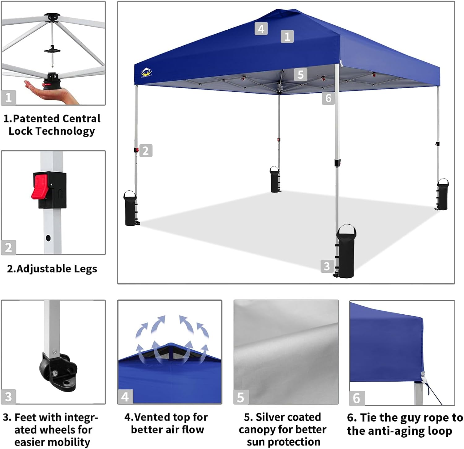 CROWN SHADES 10x10 Pop Up Canopy - Beach Tent with One Push Setup - Easy Outdoor Sun Shade for Events, Parties, Camping - Gazebo with STO-N-Go Cover Bag, Silver Coated Top, Black