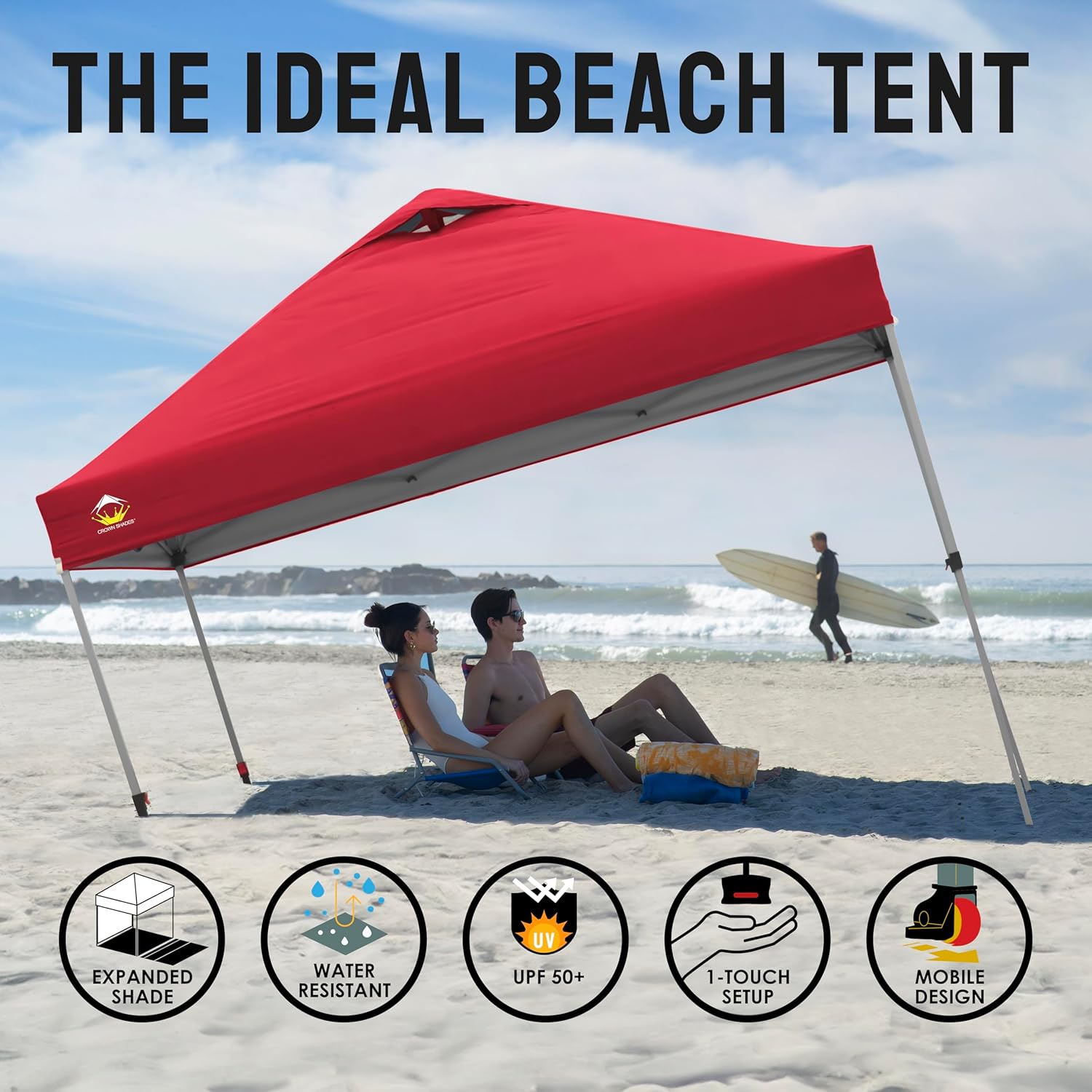 CROWN SHADES 10x10 Pop Up Canopy - Beach Tent with One Push Setup - Easy Outdoor Sun Shade for Events, Parties, Camping - Gazebo with STO-N-Go Cover Bag, Silver Coated Top, Black