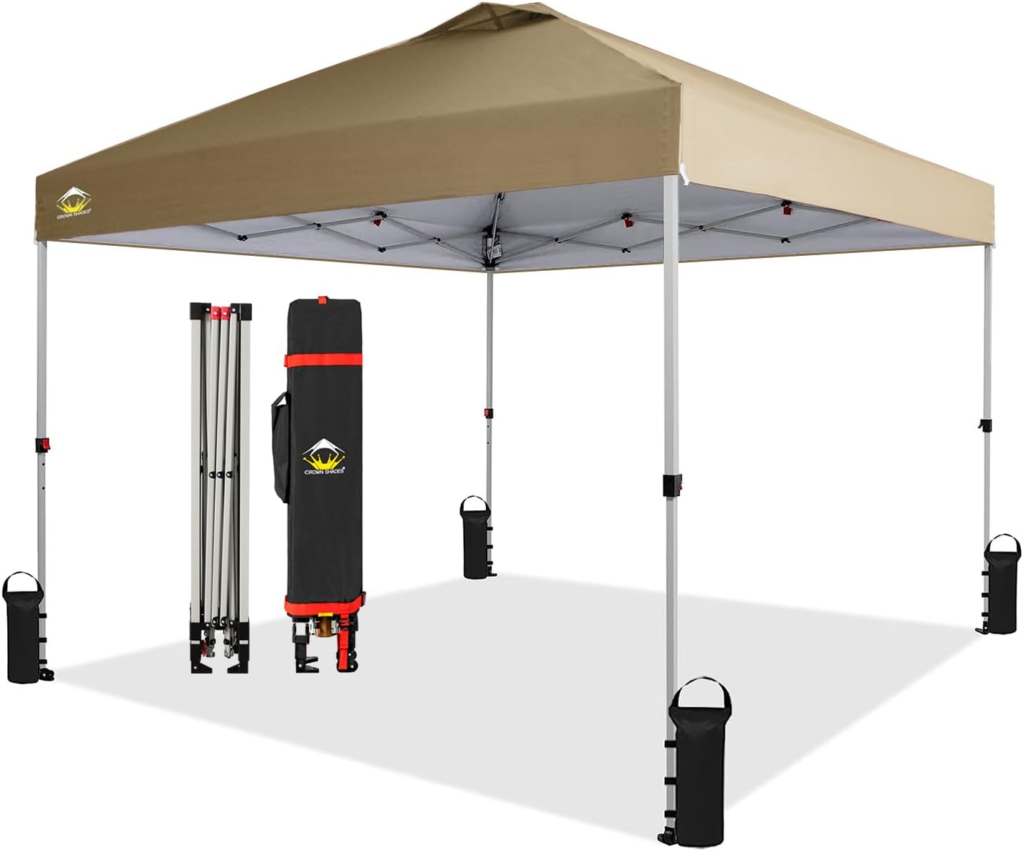 CROWN SHADES 10x10 Pop Up Canopy - Beach Tent with One Push Setup - Easy Outdoor Sun Shade for Events, Parties, Camping - Gazebo with STO-N-Go Cover Bag, Silver Coated Top, Black