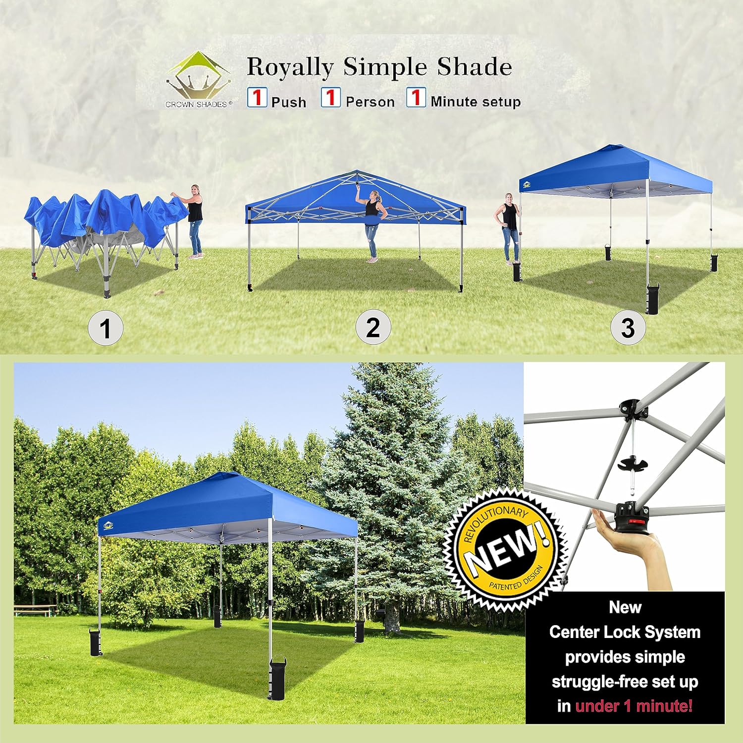 CROWN SHADES 10x10 Pop Up Canopy - Beach Tent with One Push Setup - Easy Outdoor Sun Shade for Events, Parties, Camping - Gazebo with STO-N-Go Cover Bag, Silver Coated Top, Black