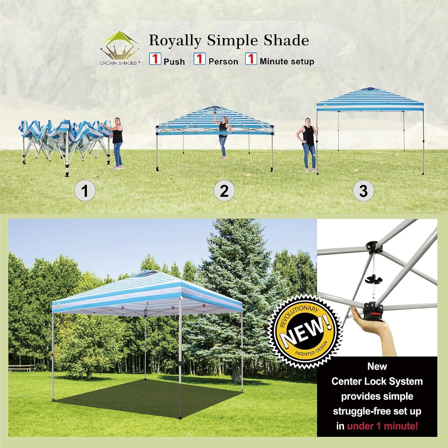 CROWN SHADES 10x10 Pop Up Canopy - Beach Tent with One Push Setup - Easy Outdoor Sun Shade for Events, Parties, Camping - Gazebo with STO-N-Go Cover Bag, Silver Coated Top, Black