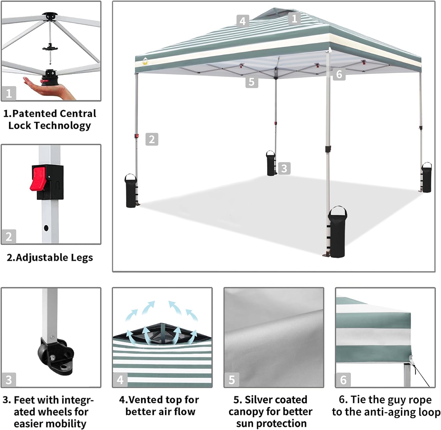 CROWN SHADES 10x10 Pop Up Canopy - Beach Tent with One Push Setup - Easy Outdoor Sun Shade for Events, Parties, Camping - Gazebo with STO-N-Go Cover Bag, Silver Coated Top, Black
