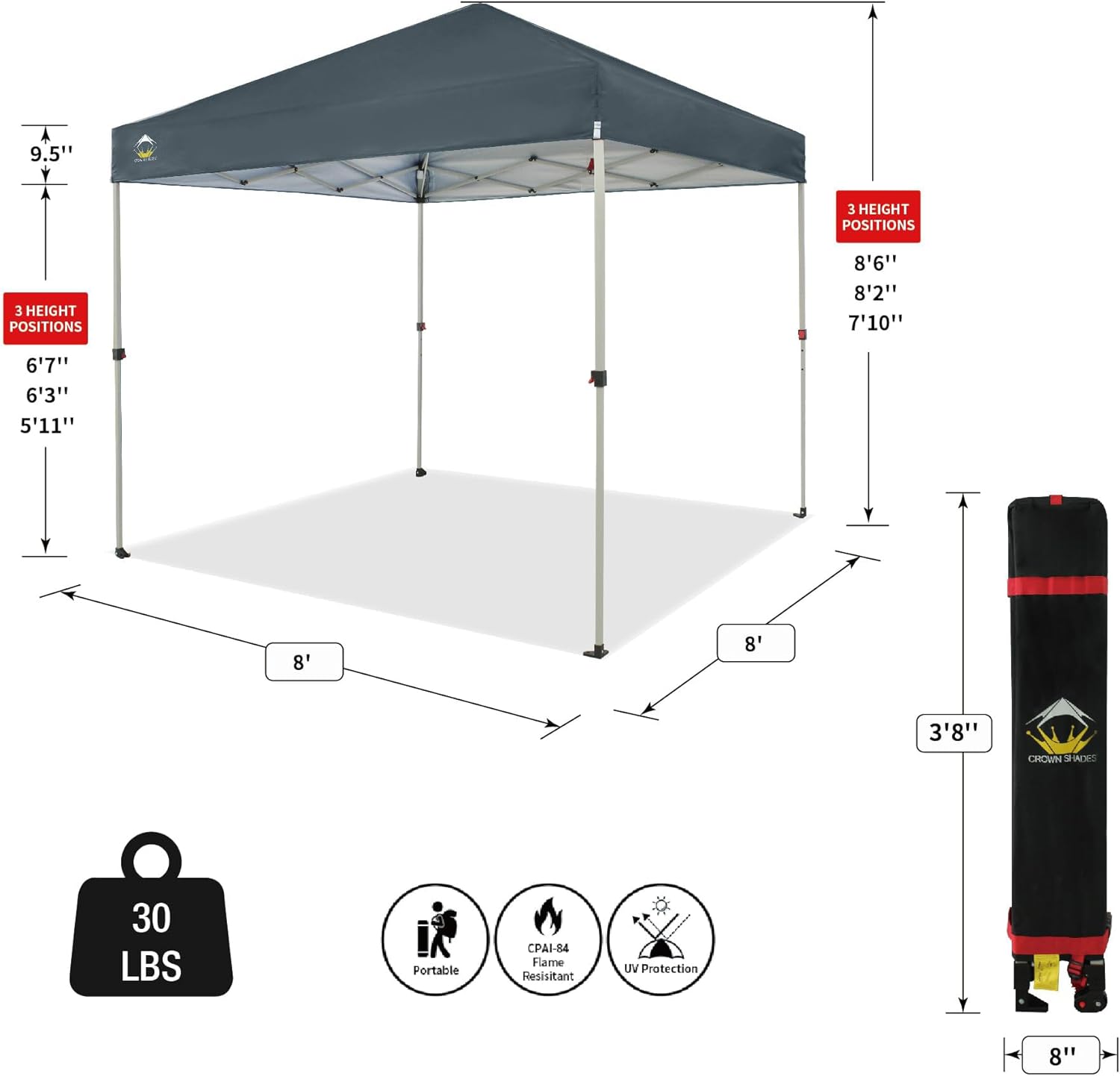 CROWN SHADES 10x10 Pop Up Canopy - Beach Tent with One Push Setup - Easy Outdoor Sun Shade for Events, Parties, Camping - Gazebo with STO-N-Go Cover Bag, Silver Coated Top, Black