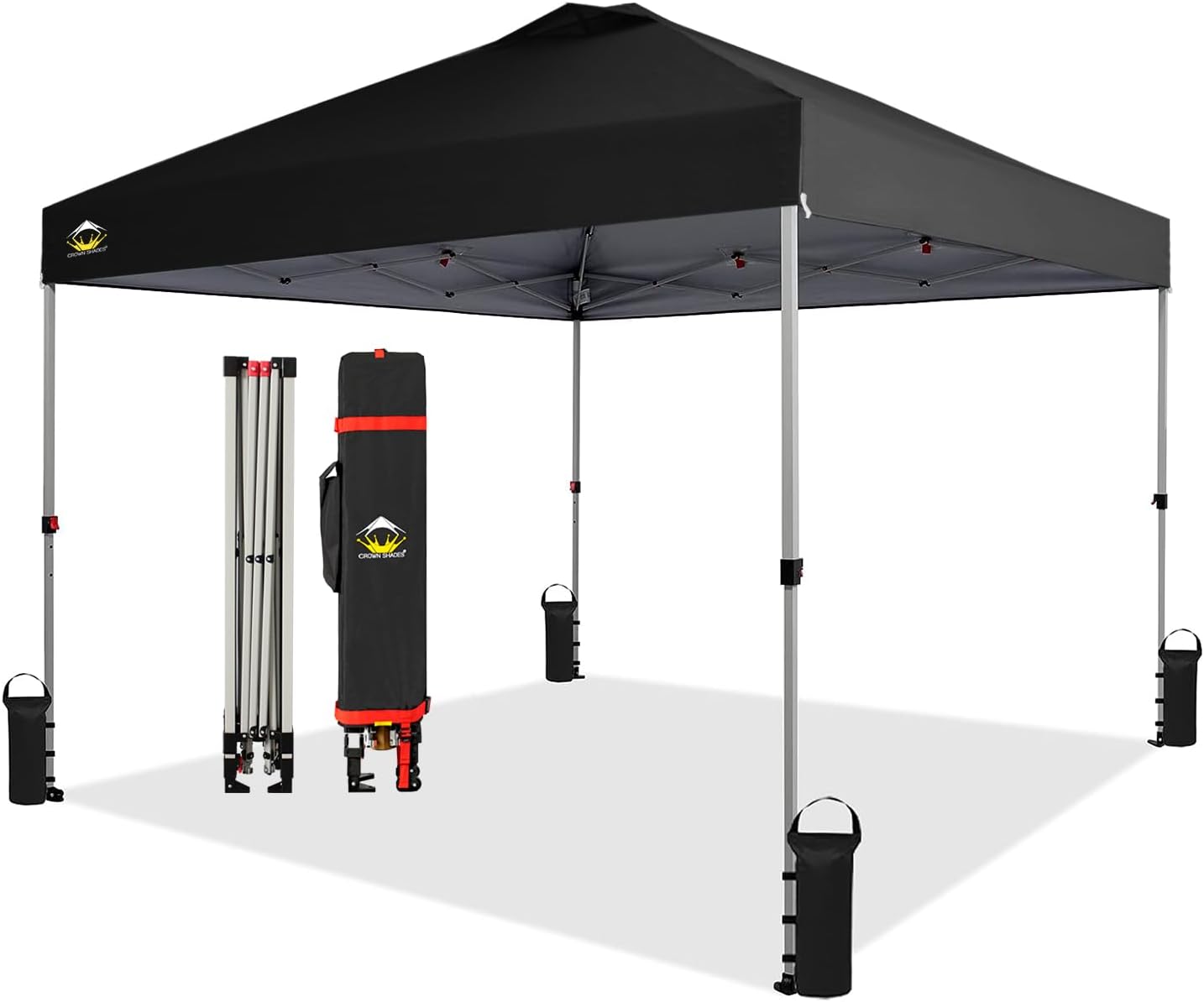 CROWN SHADES 10x10 Pop Up Canopy - Beach Tent with One Push Setup - Easy Outdoor Sun Shade for Events, Parties, Camping - Gazebo with STO-N-Go Cover Bag, Silver Coated Top, Black