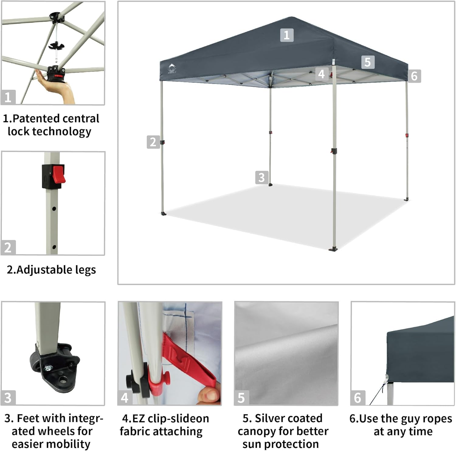 CROWN SHADES 10x10 Pop Up Canopy - Beach Tent with One Push Setup - Easy Outdoor Sun Shade for Events, Parties, Camping - Gazebo with STO-N-Go Cover Bag, Silver Coated Top, Black