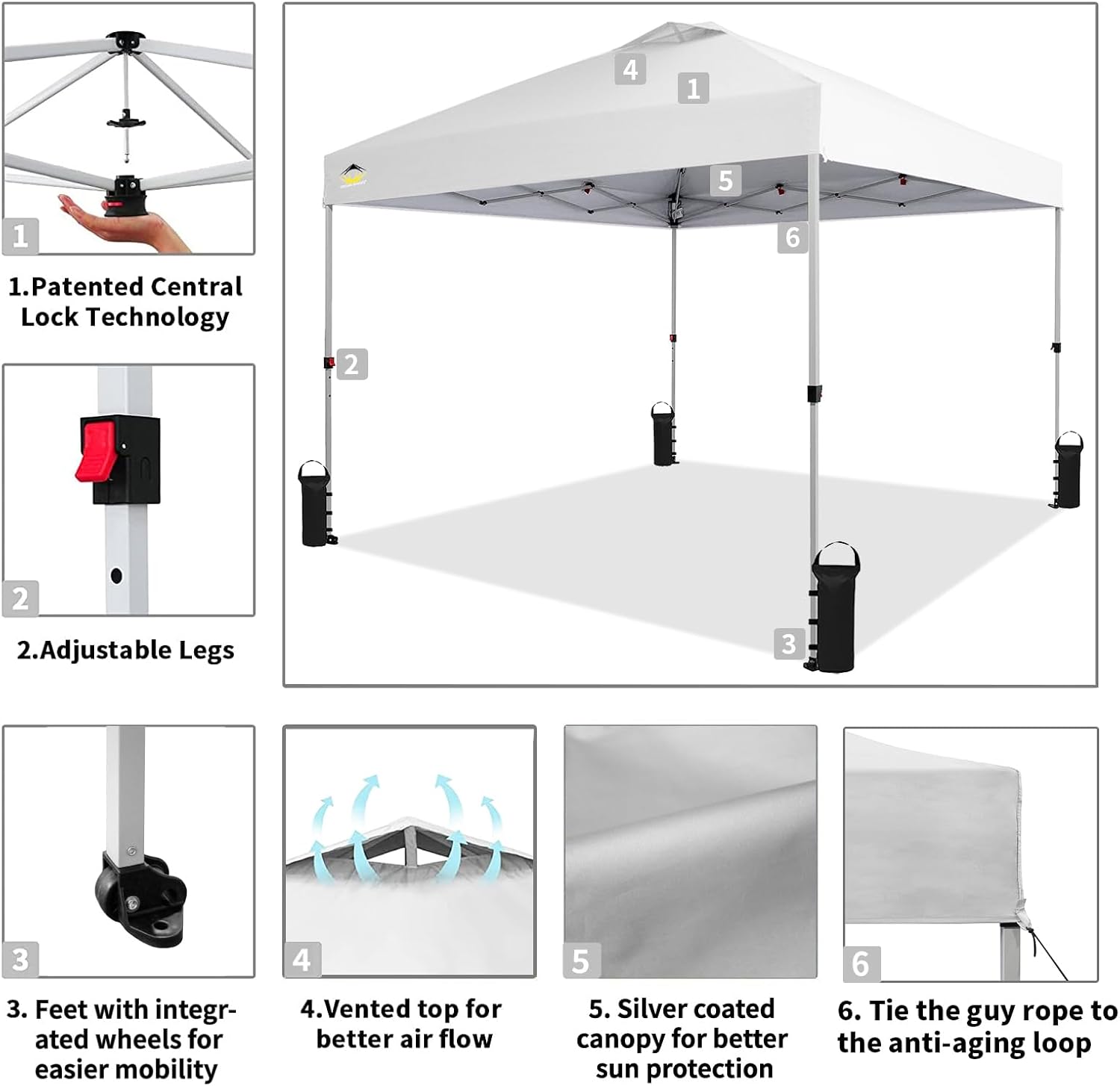 CROWN SHADES 10x10 Pop Up Canopy - Beach Tent with One Push Setup - Easy Outdoor Sun Shade for Events, Parties, Camping - Gazebo with STO-N-Go Cover Bag, Silver Coated Top, Black