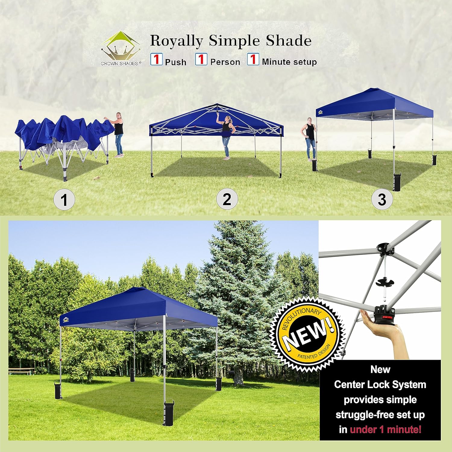 CROWN SHADES 10x10 Pop Up Canopy - Beach Tent with One Push Setup - Easy Outdoor Sun Shade for Events, Parties, Camping - Gazebo with STO-N-Go Cover Bag, Silver Coated Top, Black