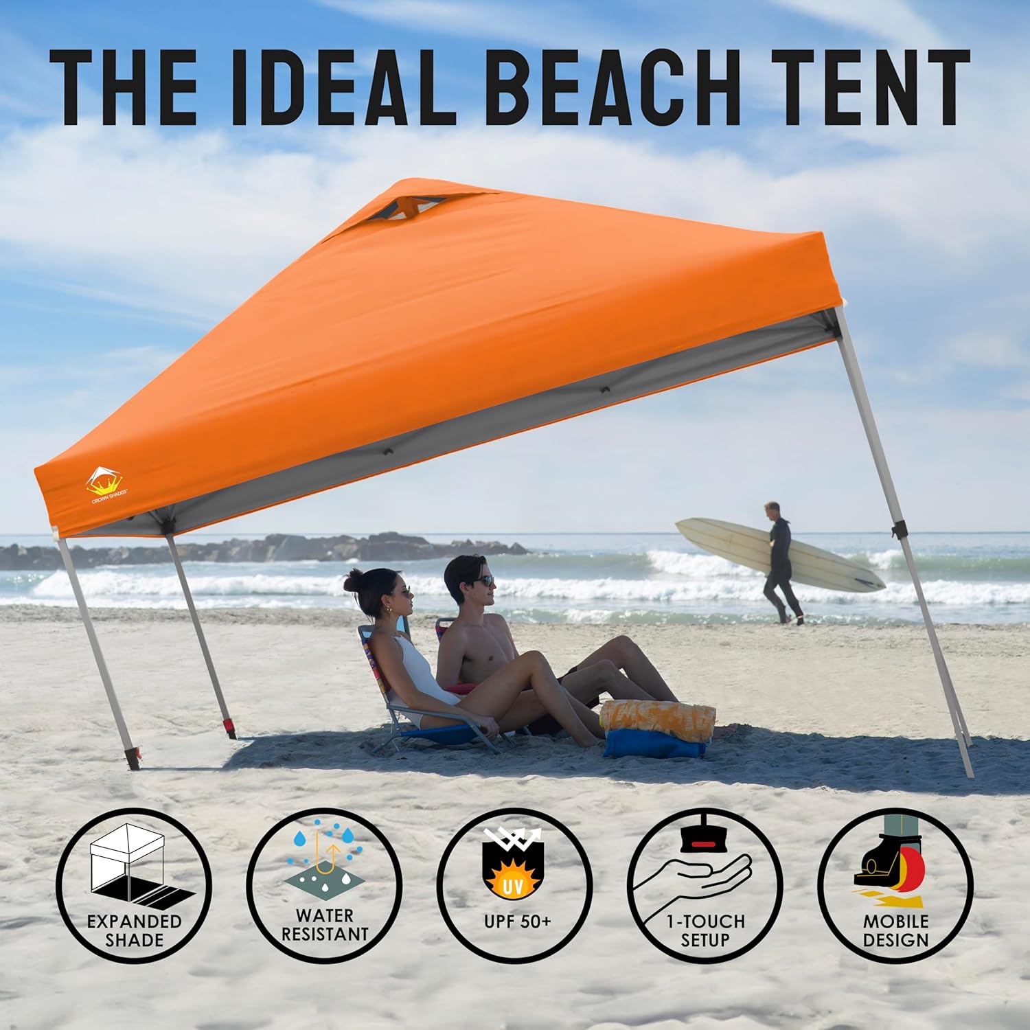 CROWN SHADES 10x10 Pop Up Canopy - Beach Tent with One Push Setup - Easy Outdoor Sun Shade for Events, Parties, Camping - Gazebo with STO-N-Go Cover Bag, Silver Coated Top, Black