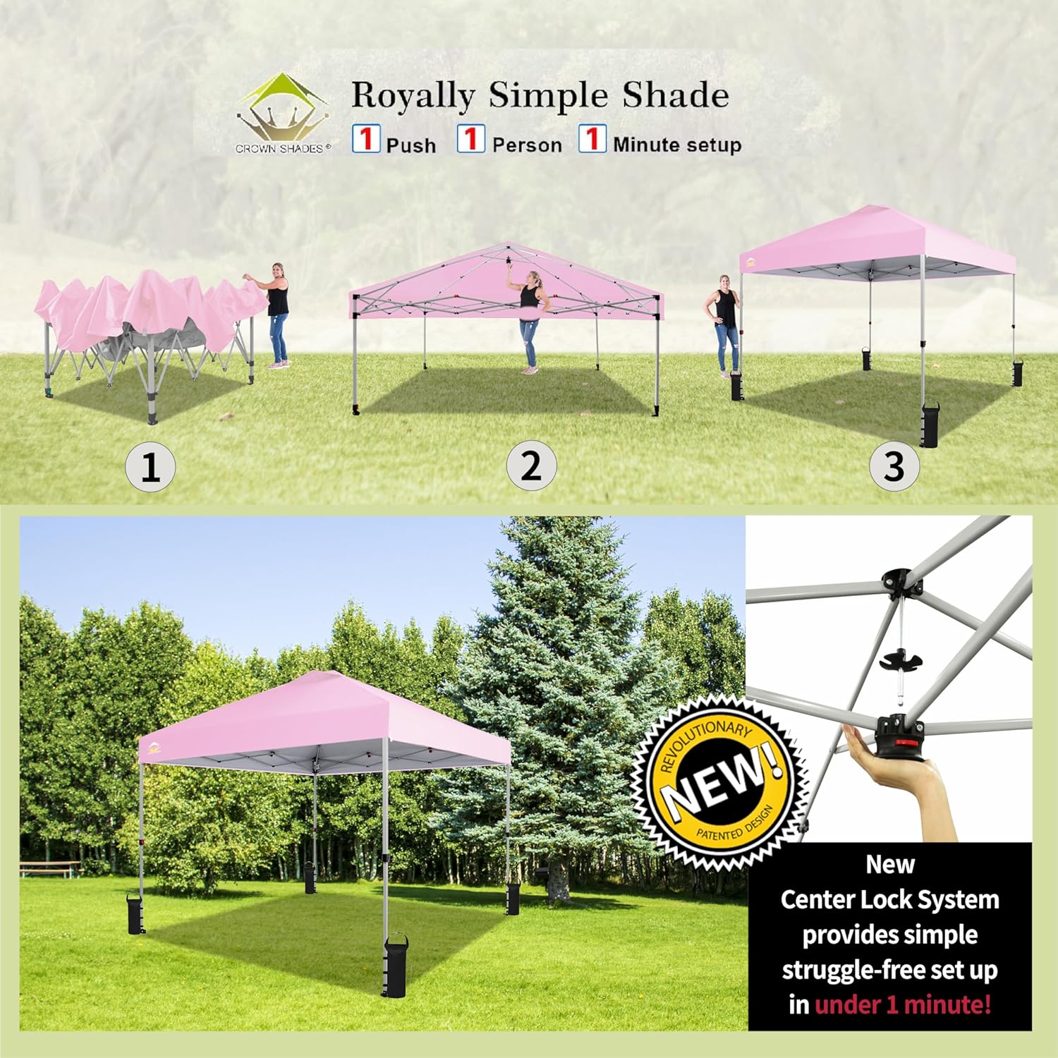 CROWN SHADES 10x10 Pop Up Canopy - Beach Tent with One Push Setup - Easy Outdoor Sun Shade for Events, Parties, Camping - Gazebo with STO-N-Go Cover Bag, Silver Coated Top, Black