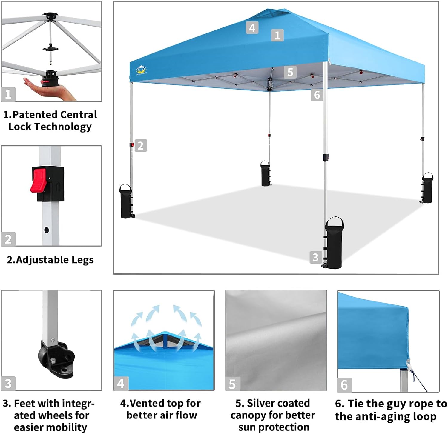 CROWN SHADES 10x10 Pop Up Canopy - Beach Tent with One Push Setup - Easy Outdoor Sun Shade for Events, Parties, Camping - Gazebo with STO-N-Go Cover Bag, Silver Coated Top, Black