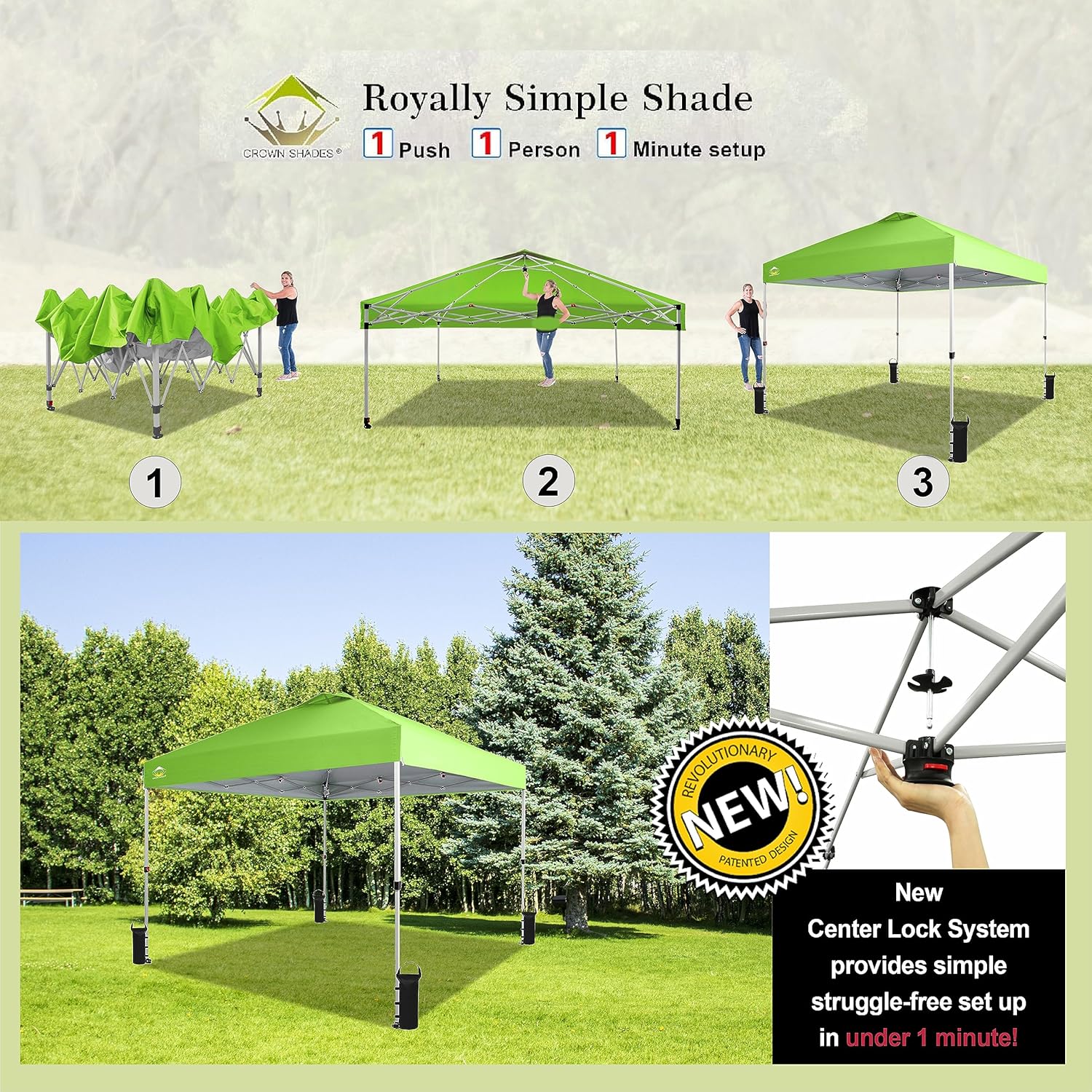CROWN SHADES 10x10 Pop Up Canopy - Beach Tent with One Push Setup - Easy Outdoor Sun Shade for Events, Parties, Camping - Gazebo with STO-N-Go Cover Bag, Silver Coated Top, Black