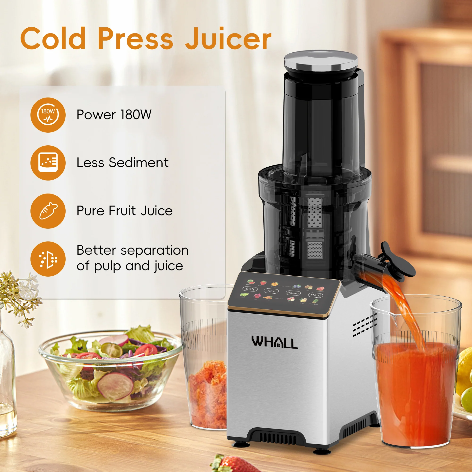 WHALL® Cold Press Juicer Machine with Touchscreen, Slow Masticating Machines with 3