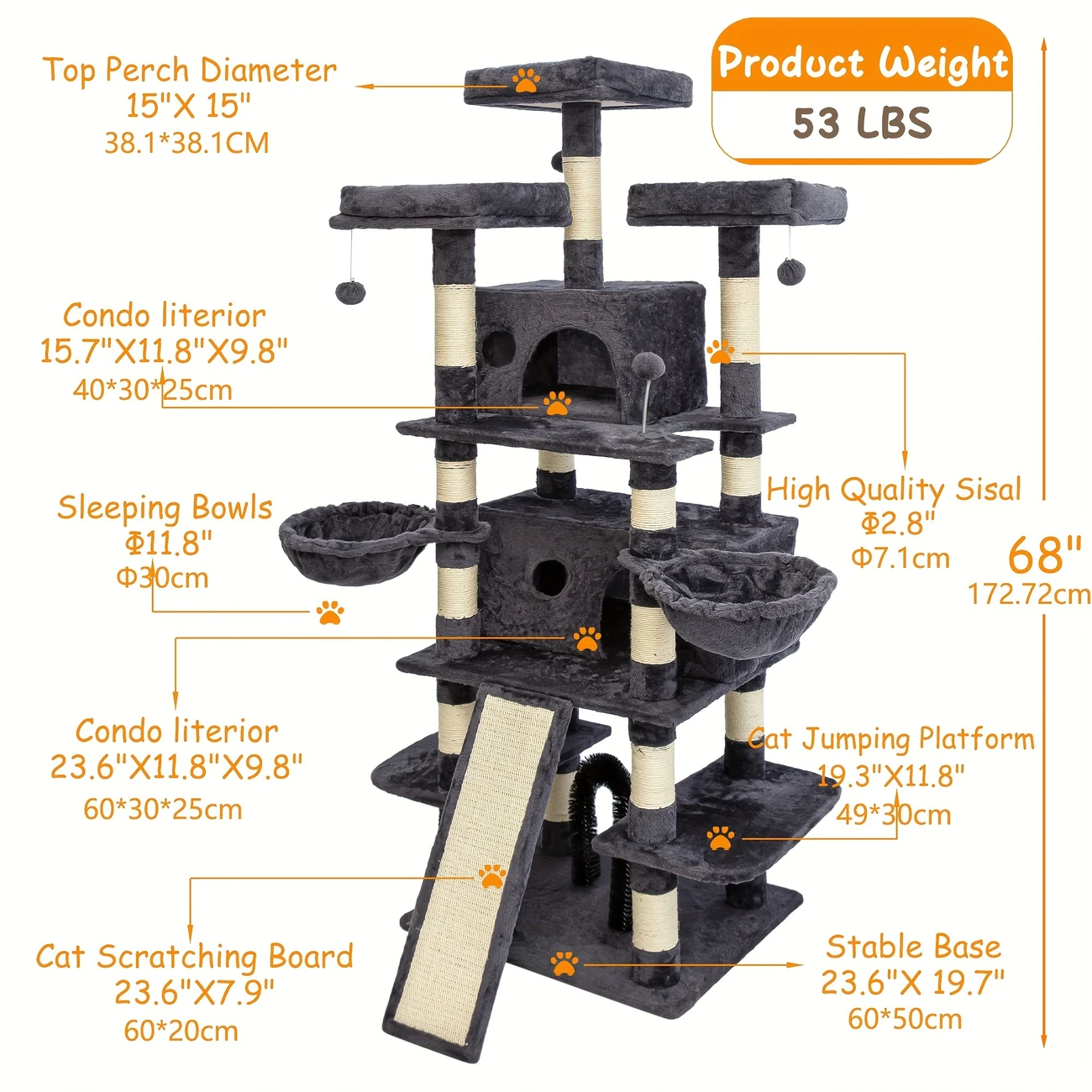 68 Inches Big Multi-Level Cat Tree - Tall Multi-Cats Tower with 2 Big Cat Condo & Cat Hair Brush, 3 Plush Perches & Scratching Posts - Smokey Grey - For Multiple Cats - Encourages Play & Exercise - Perfect Gift for Cat Lovers