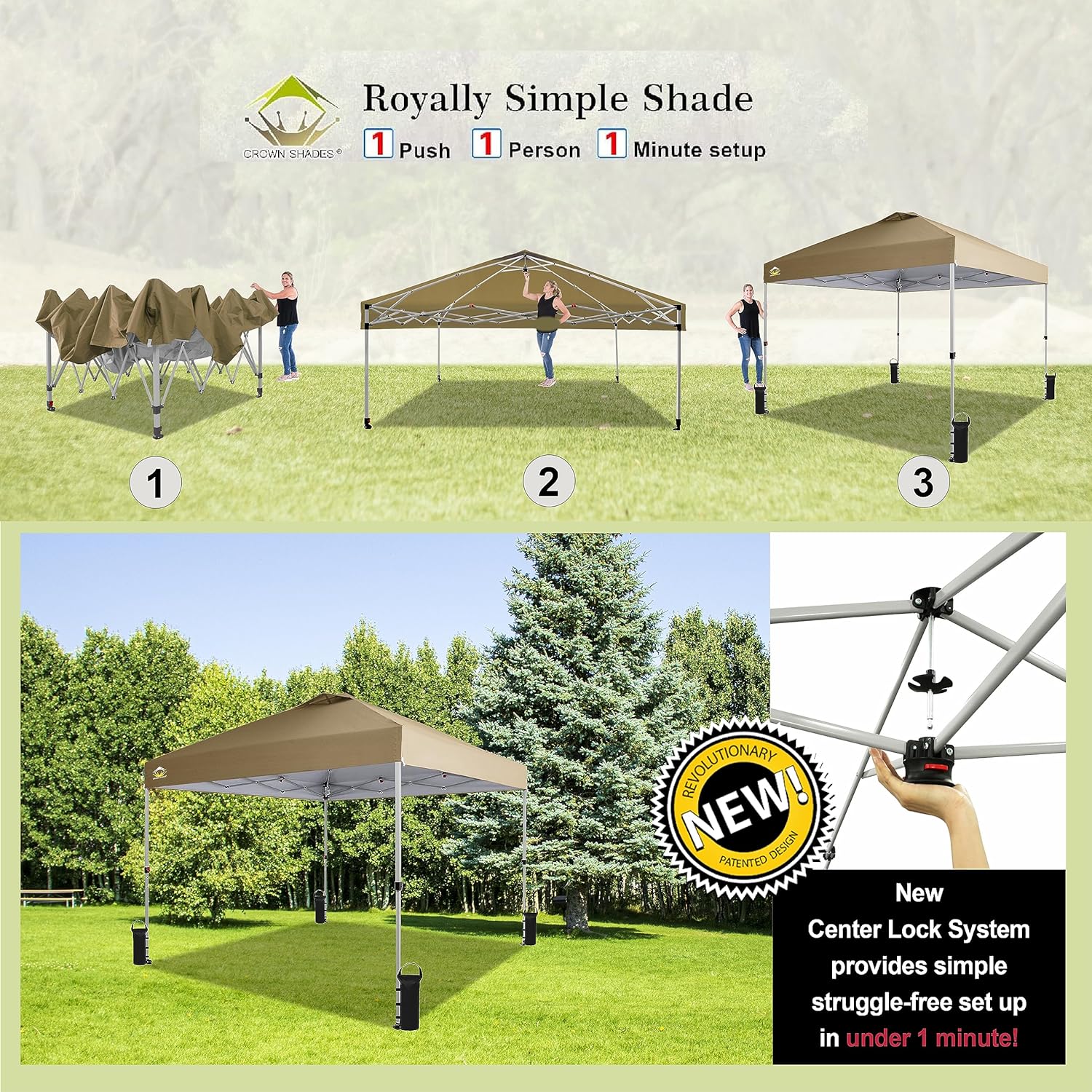 CROWN SHADES 10x10 Pop Up Canopy - Beach Tent with One Push Setup - Easy Outdoor Sun Shade for Events, Parties, Camping - Gazebo with STO-N-Go Cover Bag, Silver Coated Top, Black