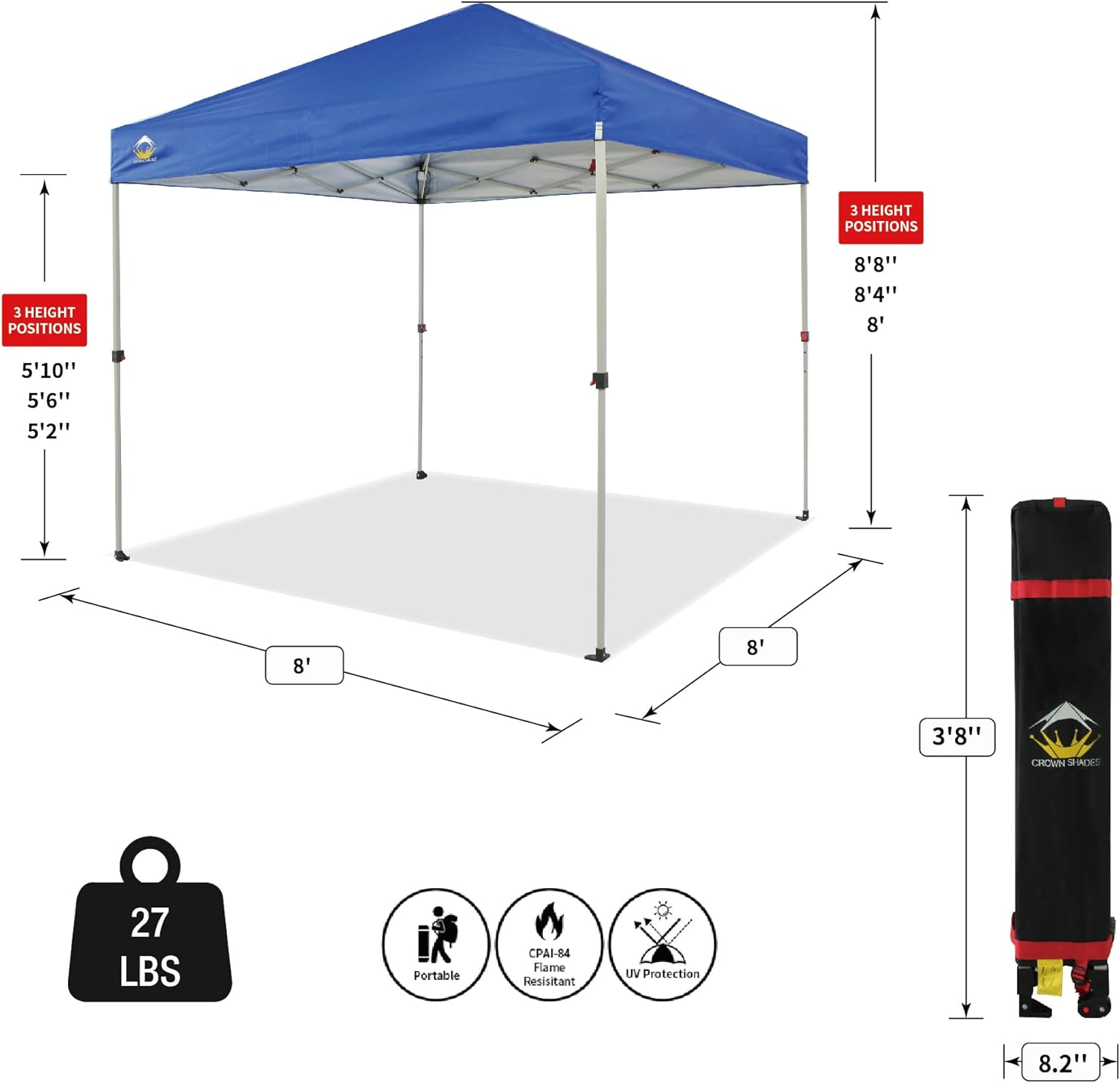 CROWN SHADES 10x10 Pop Up Canopy - Beach Tent with One Push Setup - Easy Outdoor Sun Shade for Events, Parties, Camping - Gazebo with STO-N-Go Cover Bag, Silver Coated Top, Black
