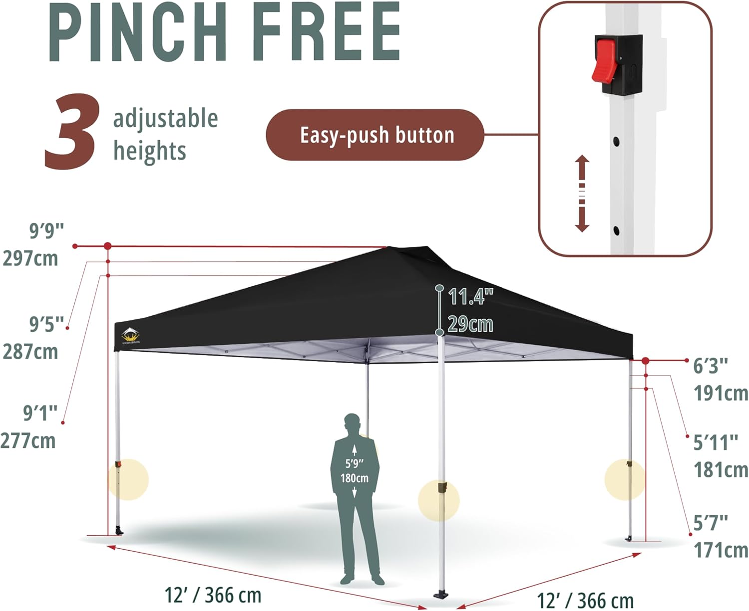 CROWN SHADES 10x10 Pop Up Canopy - Beach Tent with One Push Setup - Easy Outdoor Sun Shade for Events, Parties, Camping - Gazebo with STO-N-Go Cover Bag, Silver Coated Top, Black