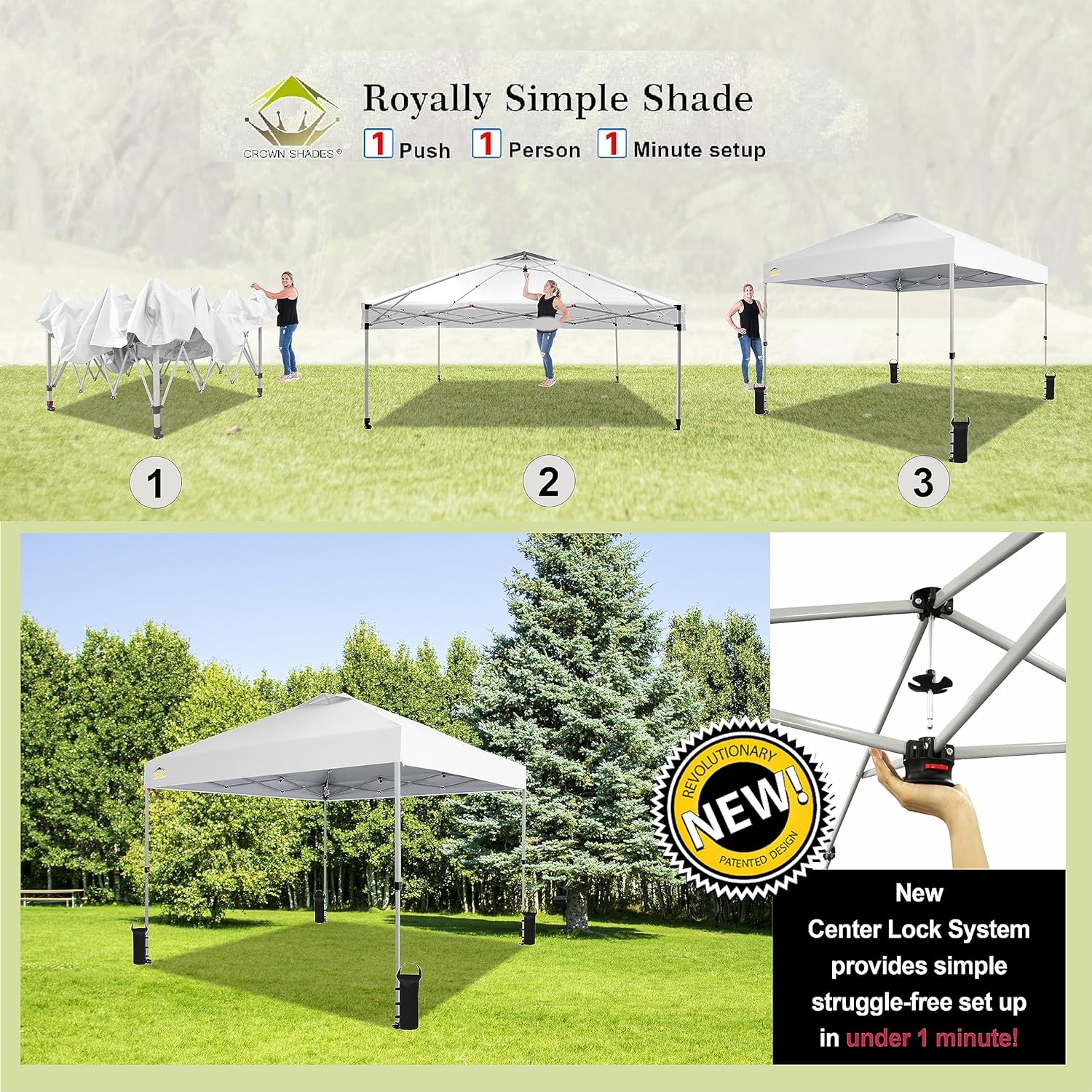 CROWN SHADES 10x10 Pop Up Canopy - Beach Tent with One Push Setup - Easy Outdoor Sun Shade for Events, Parties, Camping - Gazebo with STO-N-Go Cover Bag, Silver Coated Top, Black