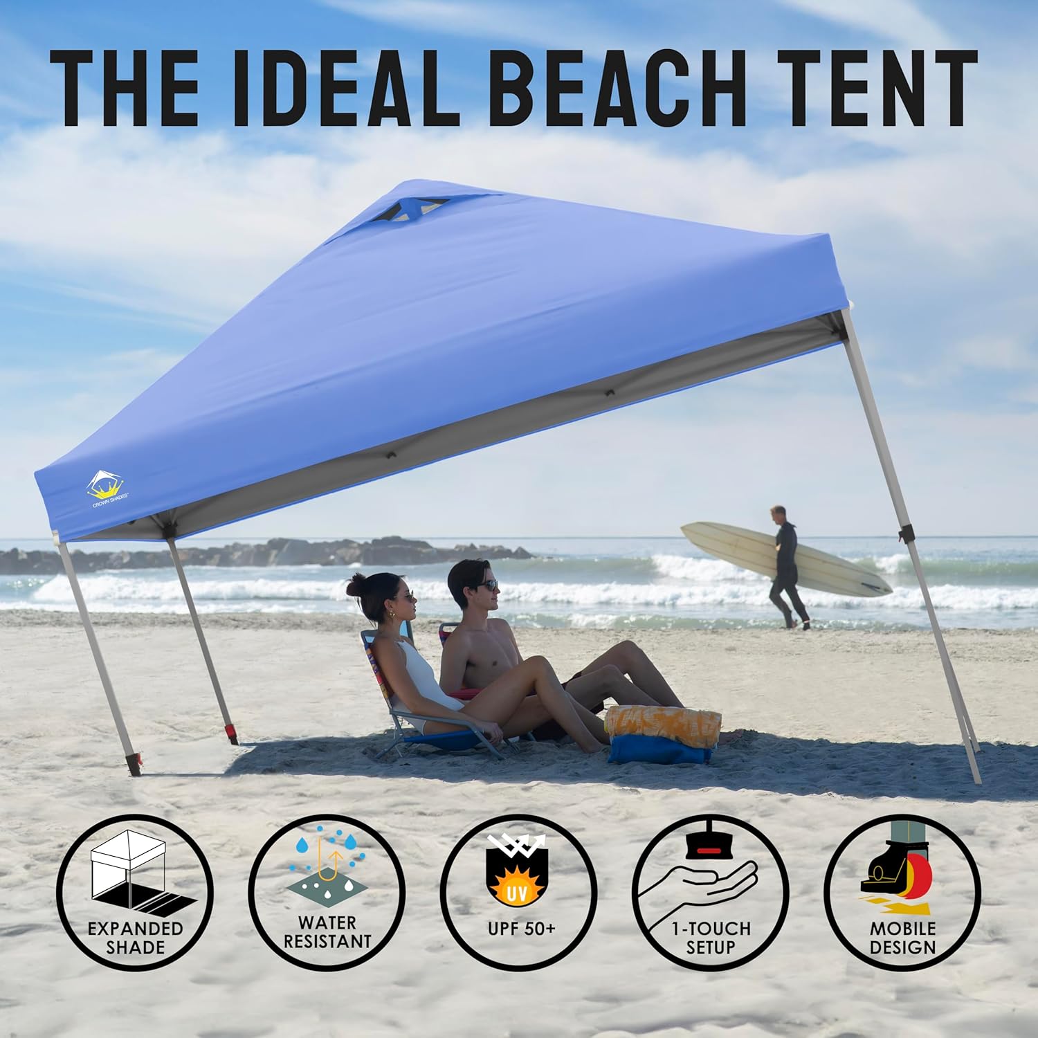 CROWN SHADES 10x10 Pop Up Canopy - Beach Tent with One Push Setup - Easy Outdoor Sun Shade for Events, Parties, Camping - Gazebo with STO-N-Go Cover Bag, Silver Coated Top, Black