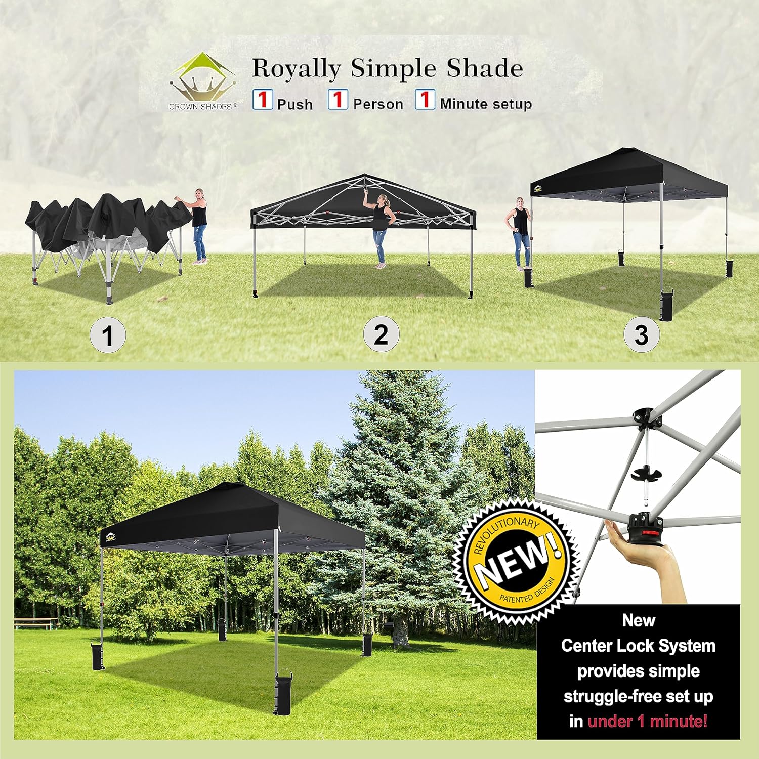 CROWN SHADES 10x10 Pop Up Canopy - Beach Tent with One Push Setup - Easy Outdoor Sun Shade for Events, Parties, Camping - Gazebo with STO-N-Go Cover Bag, Silver Coated Top, Black