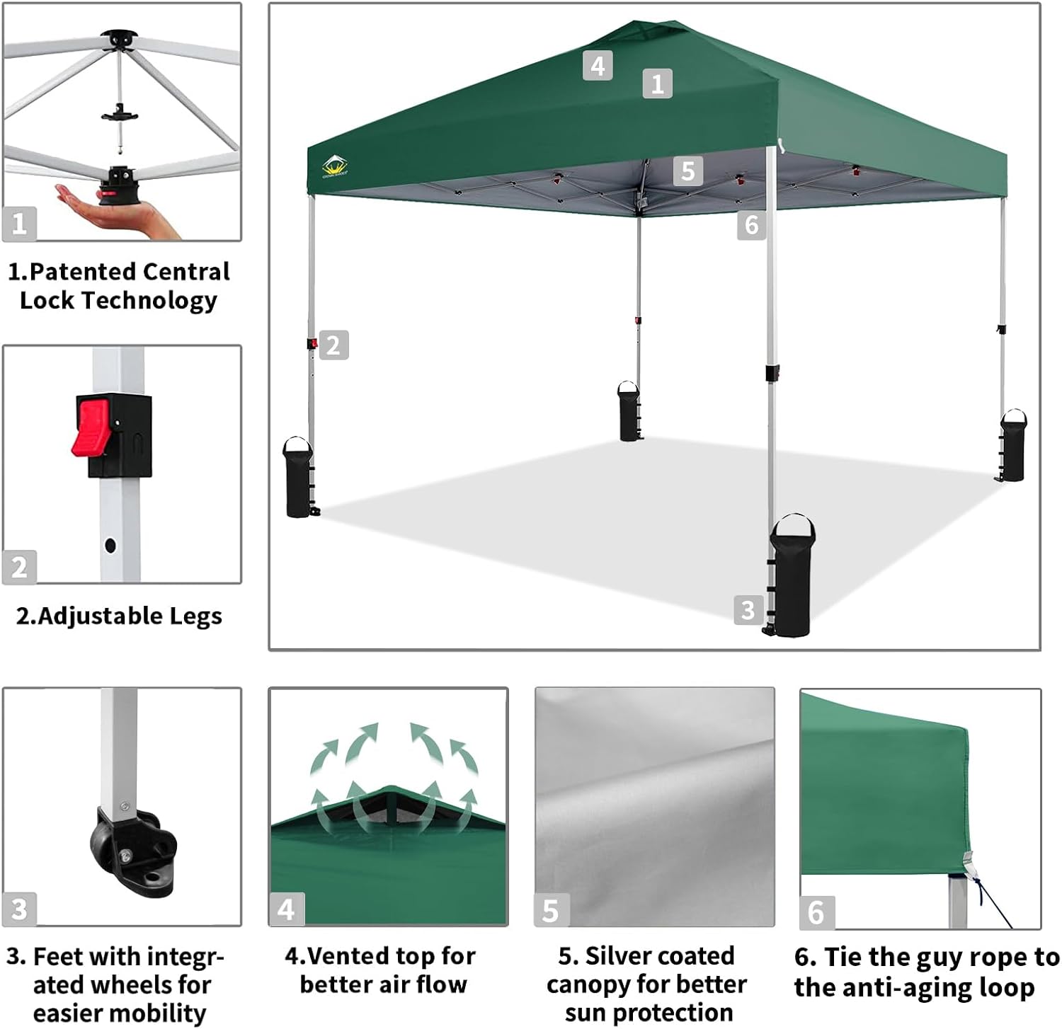 CROWN SHADES 10x10 Pop Up Canopy - Beach Tent with One Push Setup - Easy Outdoor Sun Shade for Events, Parties, Camping - Gazebo with STO-N-Go Cover Bag, Silver Coated Top, Black