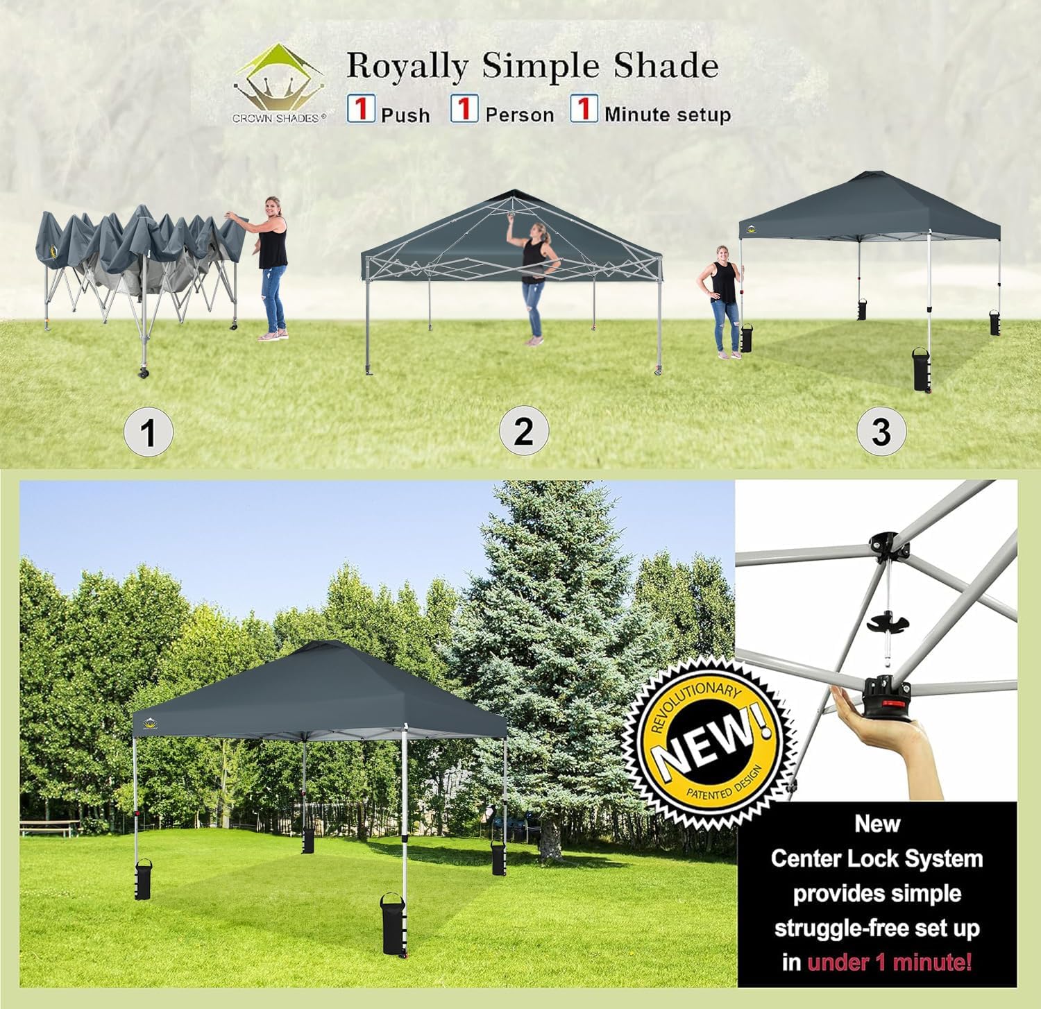 CROWN SHADES 10x10 Pop Up Canopy - Beach Tent with One Push Setup - Easy Outdoor Sun Shade for Events, Parties, Camping - Gazebo with STO-N-Go Cover Bag, Silver Coated Top, Black
