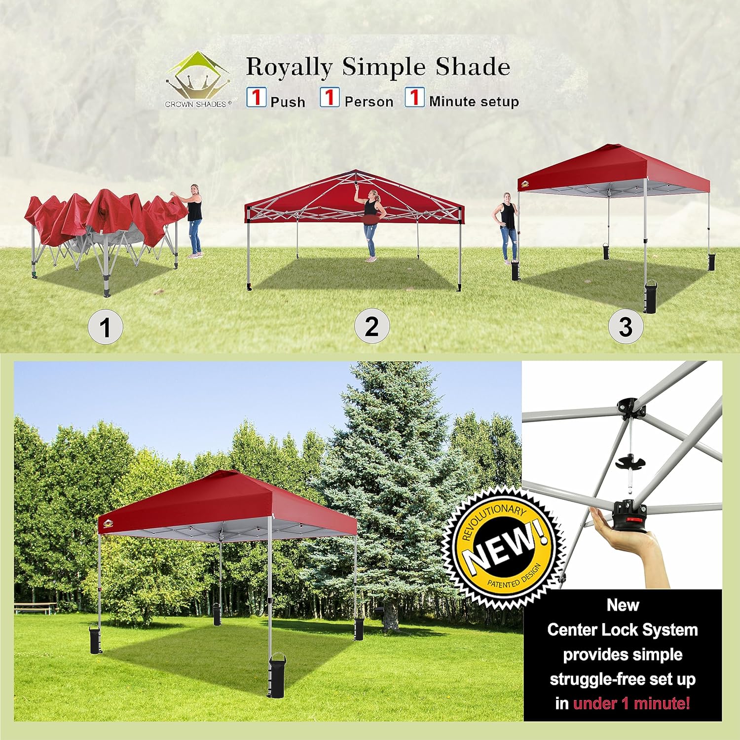 CROWN SHADES 10x10 Pop Up Canopy - Beach Tent with One Push Setup - Easy Outdoor Sun Shade for Events, Parties, Camping - Gazebo with STO-N-Go Cover Bag, Silver Coated Top, Black