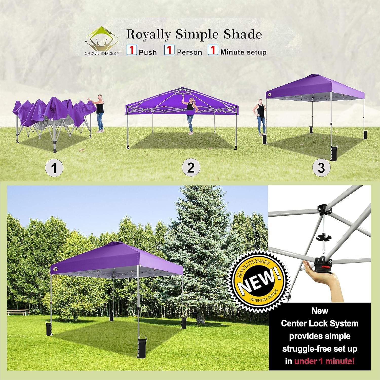 CROWN SHADES 10x10 Pop Up Canopy - Beach Tent with One Push Setup - Easy Outdoor Sun Shade for Events, Parties, Camping - Gazebo with STO-N-Go Cover Bag, Silver Coated Top, Black