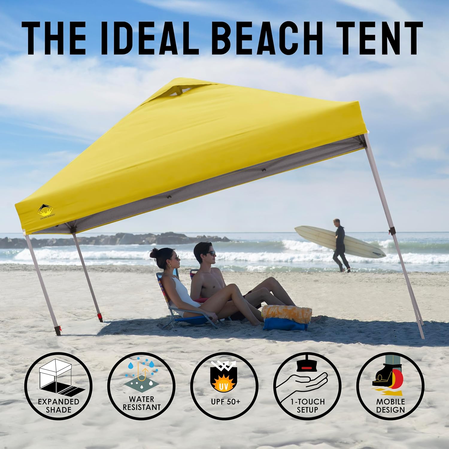 CROWN SHADES 10x10 Pop Up Canopy - Beach Tent with One Push Setup - Easy Outdoor Sun Shade for Events, Parties, Camping - Gazebo with STO-N-Go Cover Bag, Silver Coated Top, Black