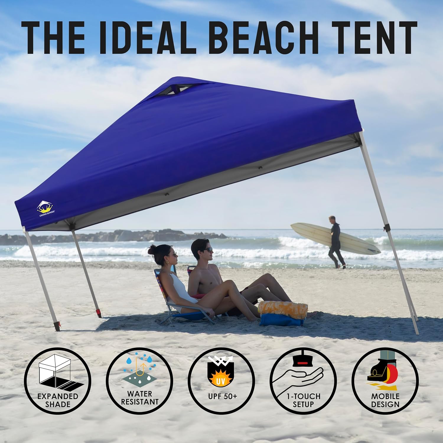 CROWN SHADES 10x10 Pop Up Canopy - Beach Tent with One Push Setup - Easy Outdoor Sun Shade for Events, Parties, Camping - Gazebo with STO-N-Go Cover Bag, Silver Coated Top, Black