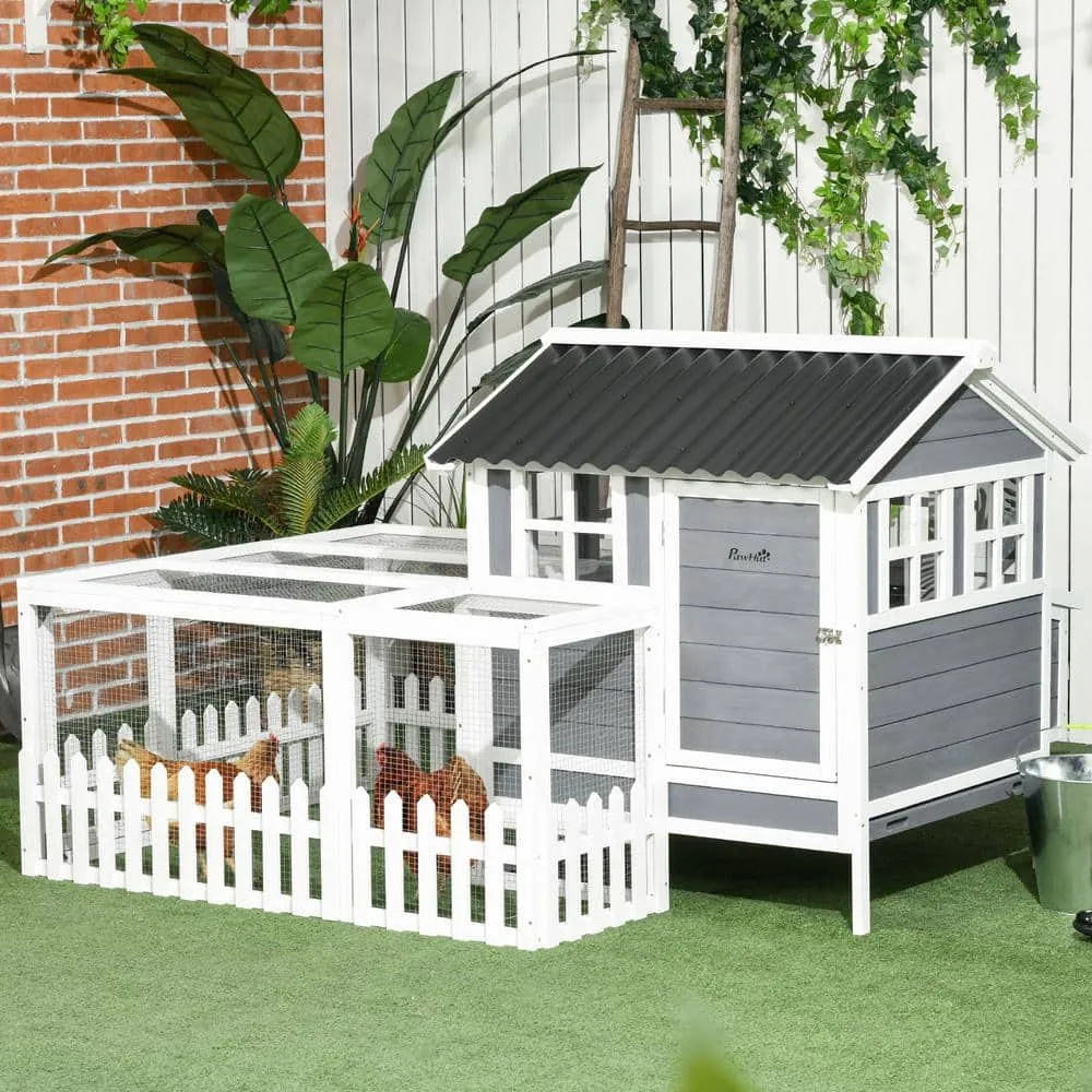Wooden Chicken Coop with Run for 4 - 6 Chickens 68 in. x 59 in. x 42 in. Gray D51-348V00CG