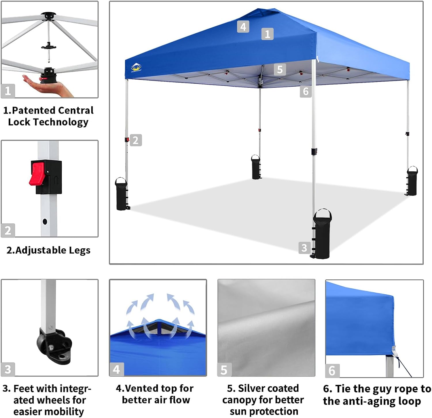 CROWN SHADES 10x10 Pop Up Canopy - Beach Tent with One Push Setup - Easy Outdoor Sun Shade for Events, Parties, Camping - Gazebo with STO-N-Go Cover Bag, Silver Coated Top, Black