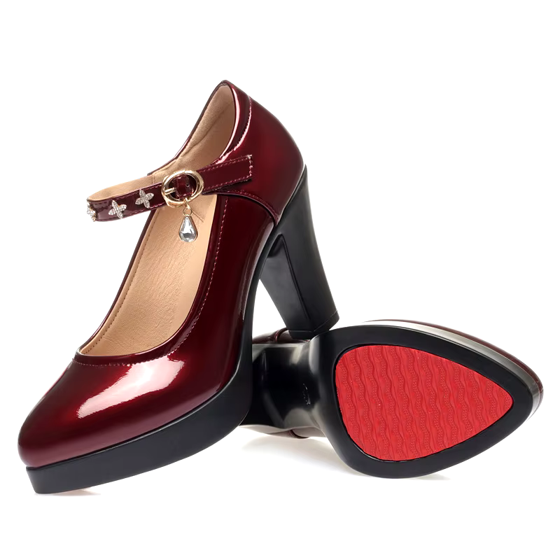 New luxury patent leather thin heel block elegant red bottom high heel shoes for women