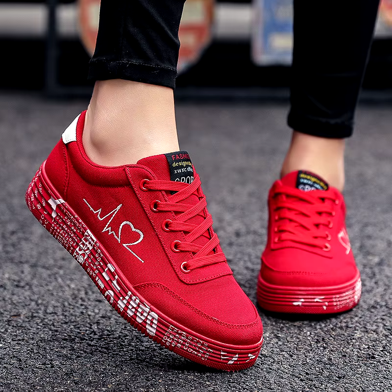 New breathable low top girls red casual sneakers black leather canvas trendy shoes for men and women