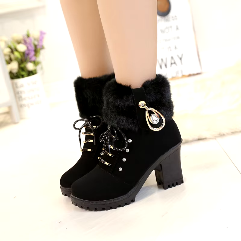 new design sexy 35-42 Stock Winter new round toe chunky heel side zipper high heel ankle boots for women