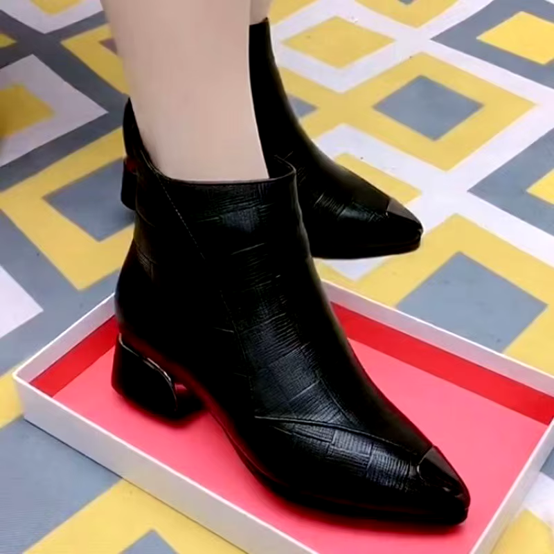 latest fashion pointed toe pu leather block heels boots lady high heel ankle boot shoes