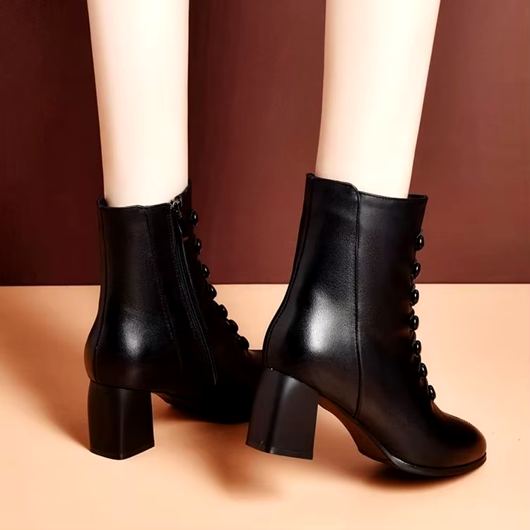 new design winter fashion side zipper leather warm soft sole thick heel shoes for women boots black