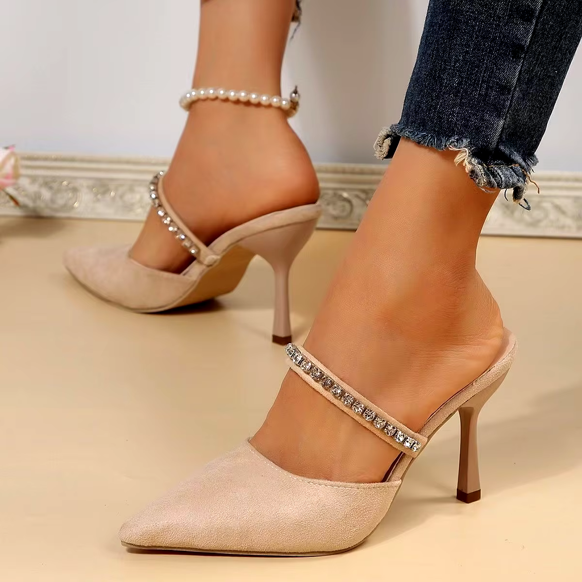 New Female Pointed-toe Rhinestone High Heels Stilettos Women Casual Sandals Shoes 2024 Chaussure Femme For Daily