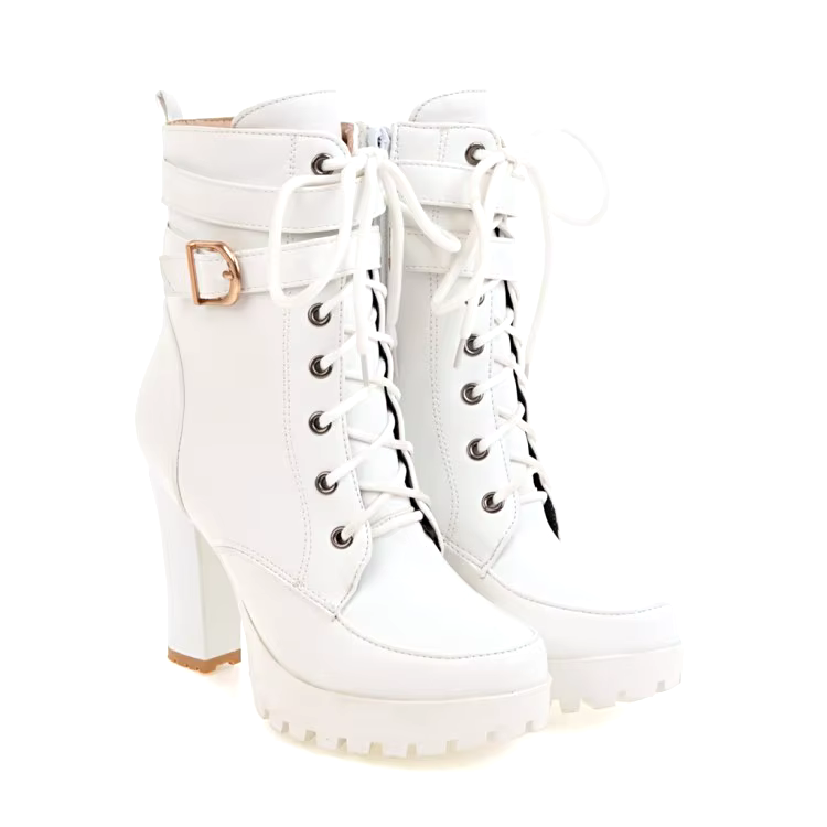 Plus size Fashion belt buckle lace-up classy leather boots round toe winter new round toe chunky heel leather boots