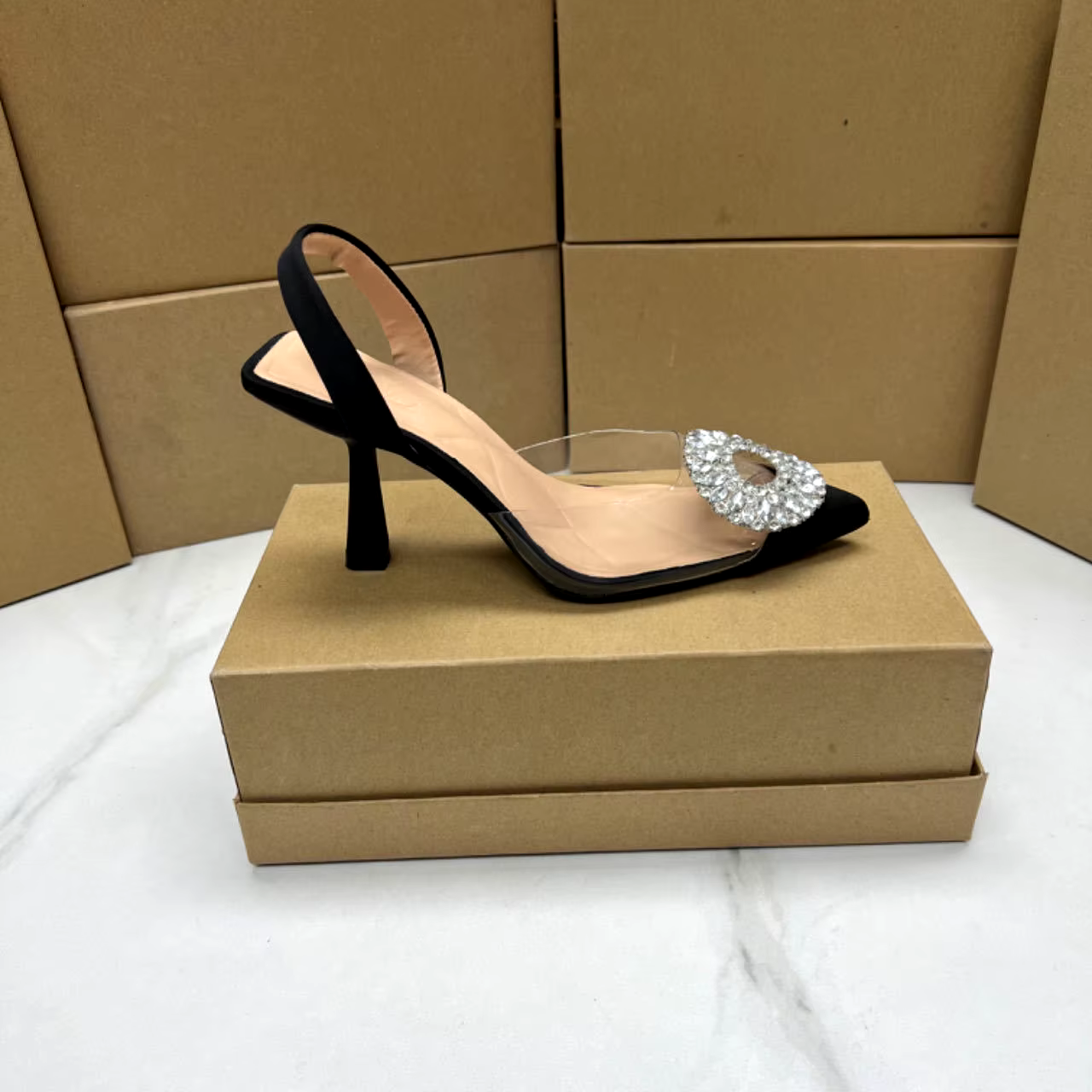New fashion round buckle sexy transparent surface comfortable high heels pump rhinestone women sandals