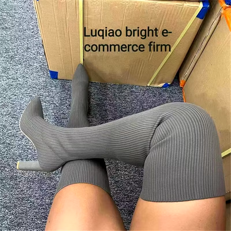 fashion high quality sexy high heel long thigh high boots knit upper elastic sock over knee high boots