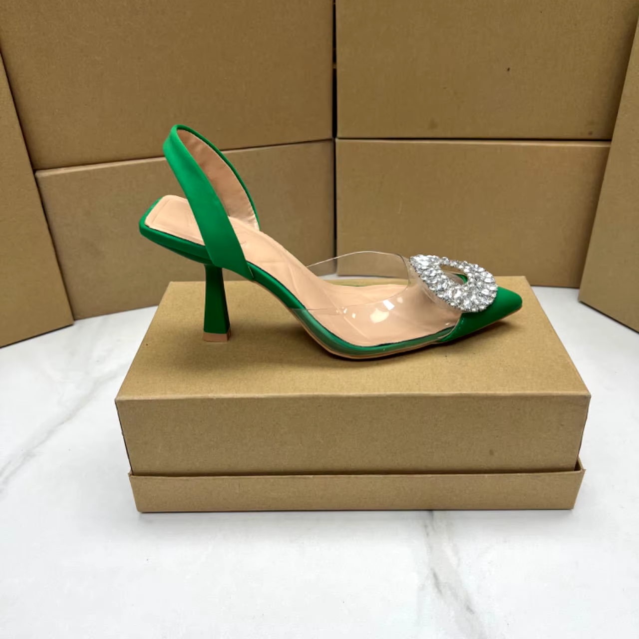 New fashion round buckle sexy transparent surface comfortable high heels pump rhinestone women sandals