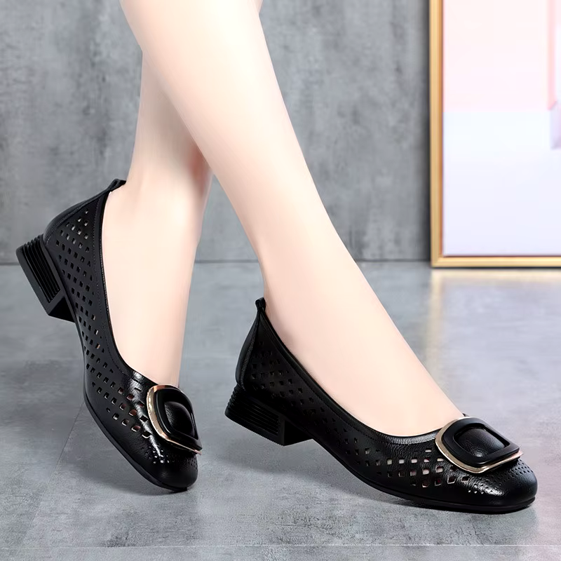 Spring summer hollow breathable bean shoes square buckle soft leather 2.5cm high quality flat shoes pumps for women