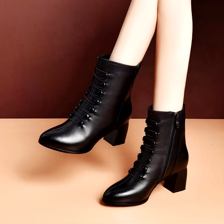 new design winter fashion side zipper leather warm soft sole thick heel shoes for women boots black