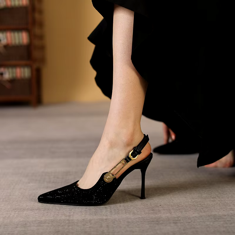 Summer new pointy black diamond sexy stiletto spike heel slingback high heel pumps sandals women's shoes